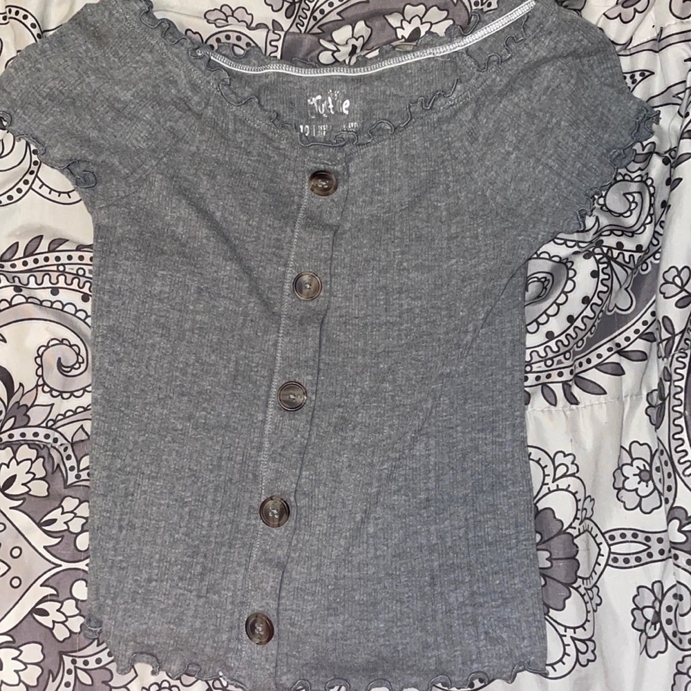 Justice grey off shoulder ruffled top